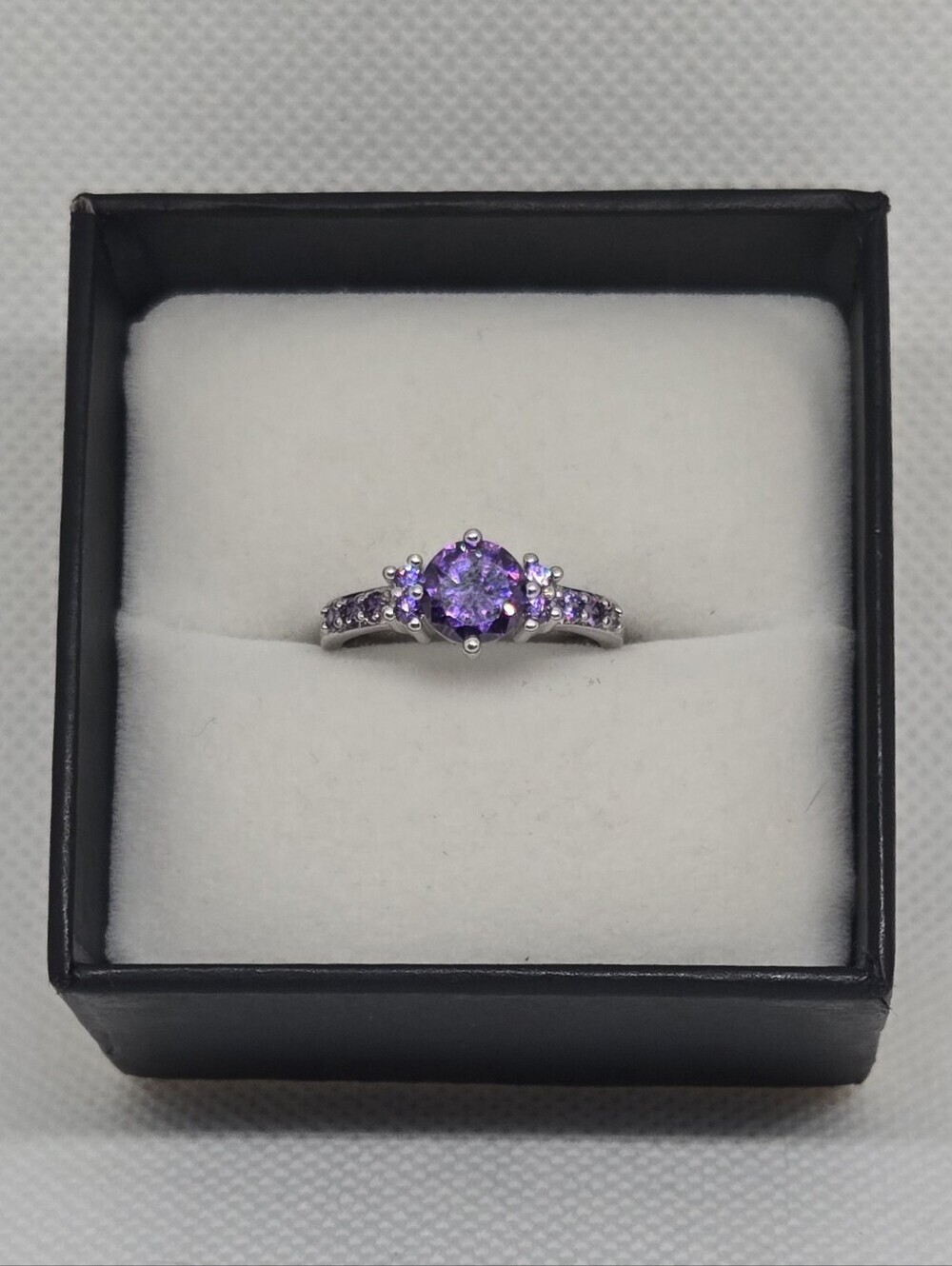 925 Sterling Silver Amethyst CZ Three Stone Ring Sizes 7 9.5 and 10